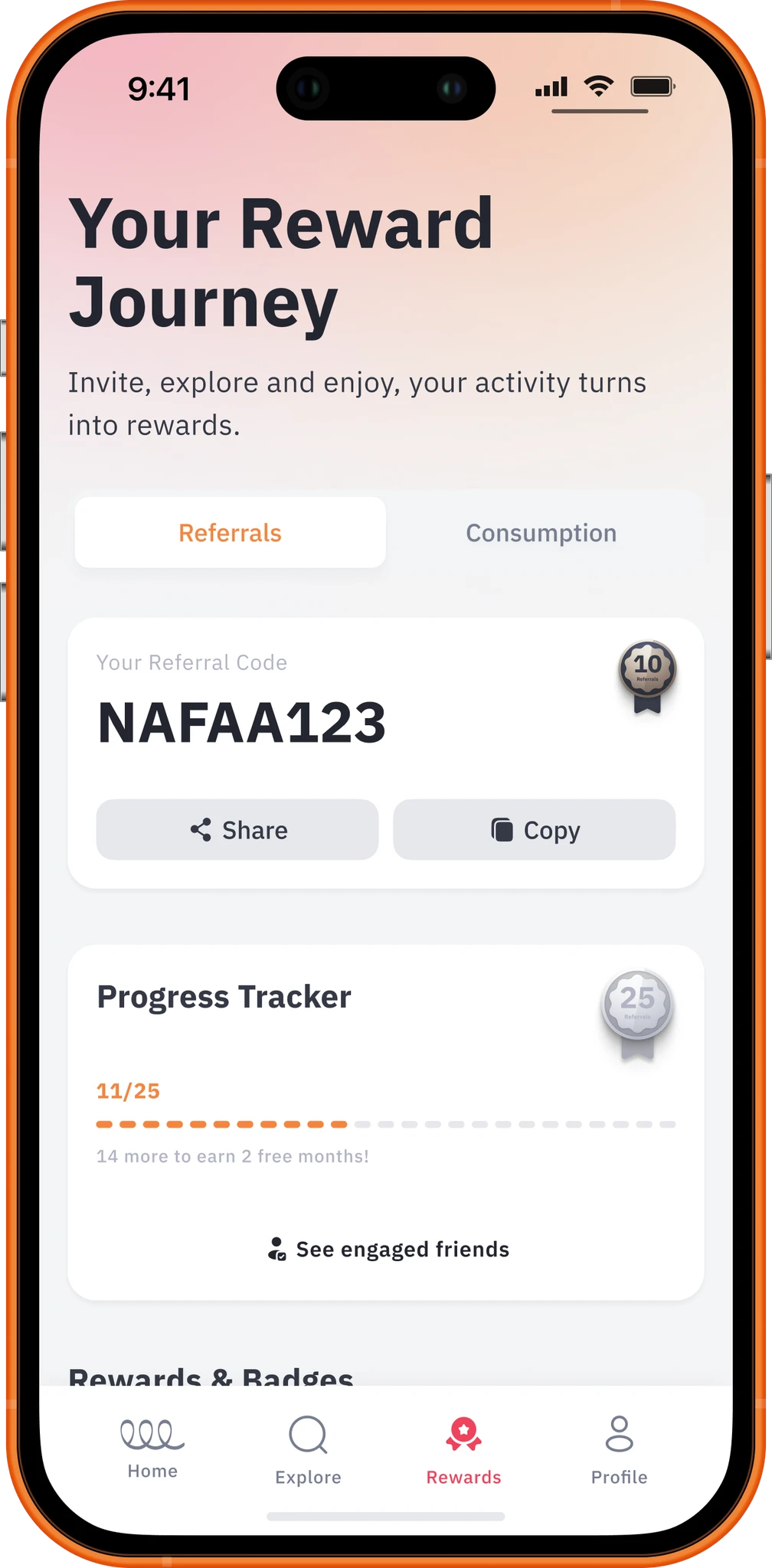 Nafaa app – reward journey and referral screen