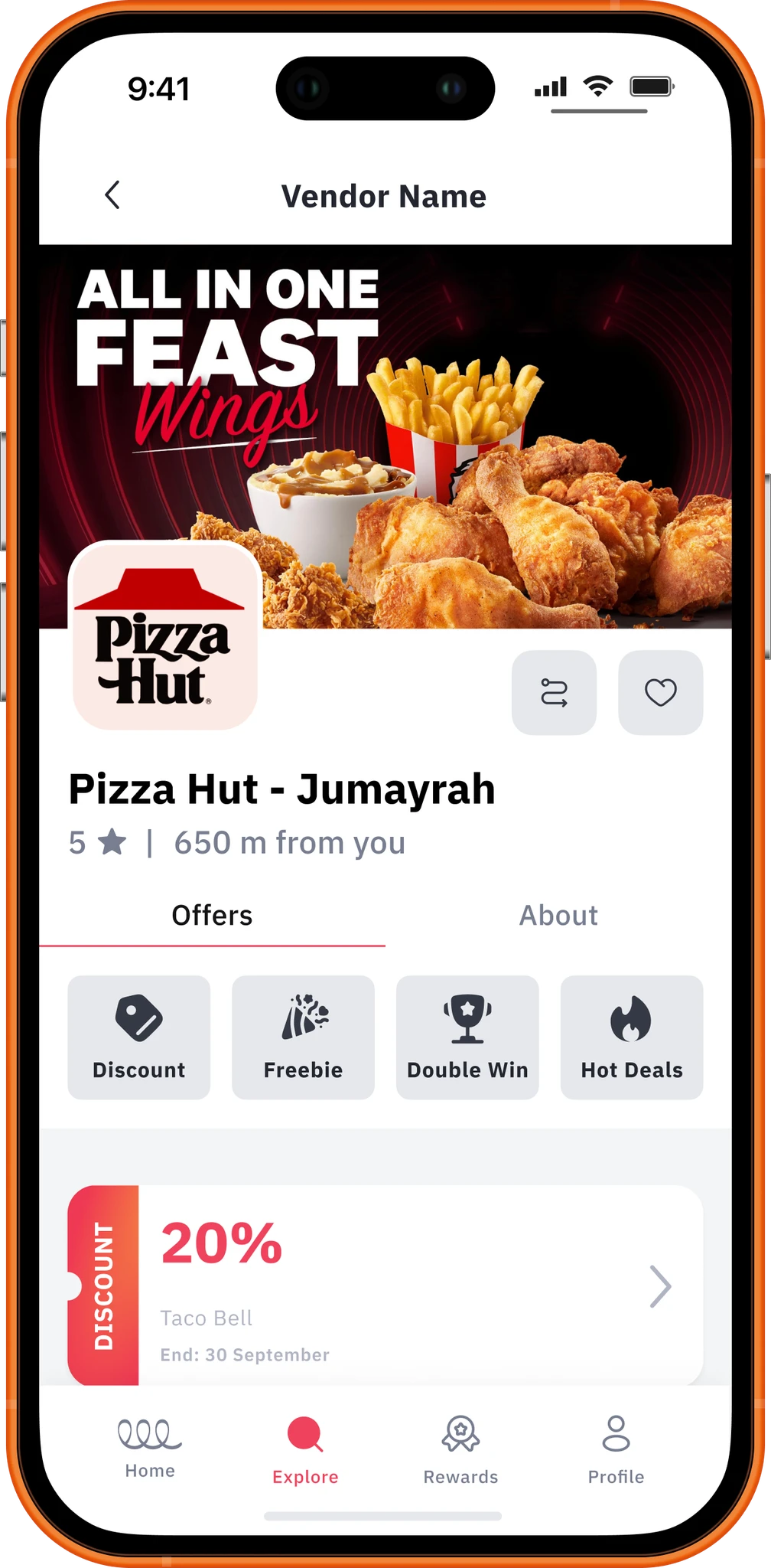 Nafaa app – vendor discount screen showing 20% off at Pizza Hut